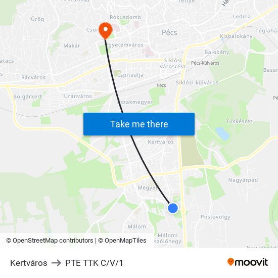 Kertváros to PTE TTK C/V/1 map