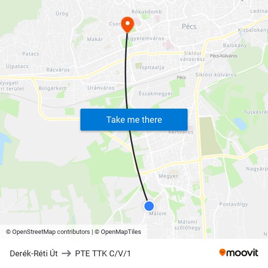 Derék-Réti Út to PTE TTK C/V/1 map