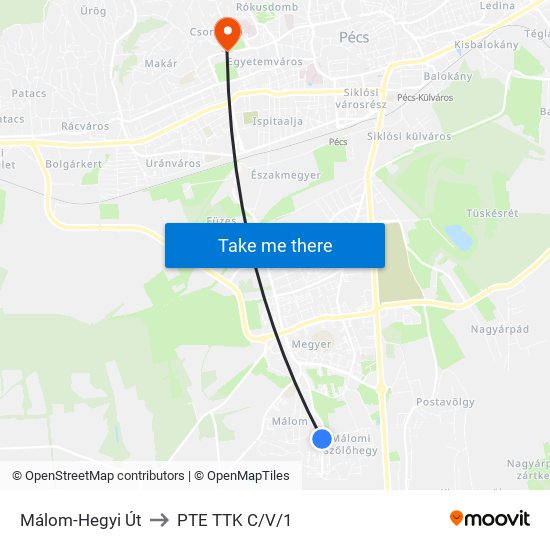 Málom-Hegyi Út to PTE TTK C/V/1 map