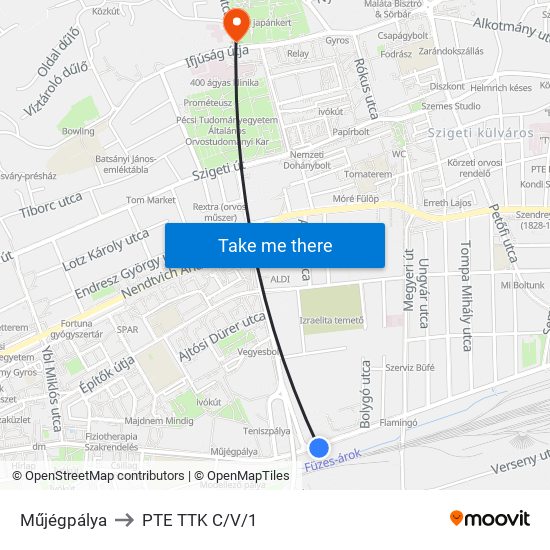 Műjégpálya to PTE TTK C/V/1 map