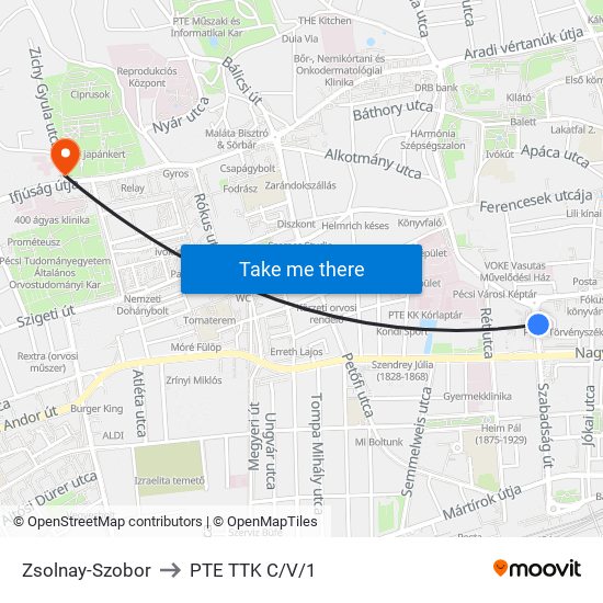 Zsolnay-Szobor to PTE TTK C/V/1 map