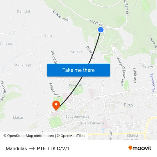 Mandulás to PTE TTK C/V/1 map