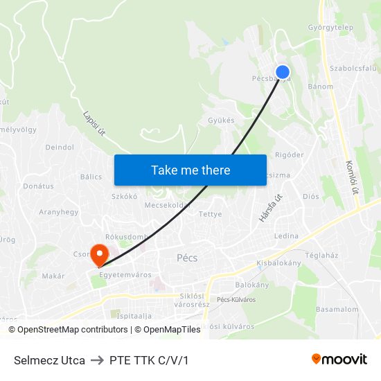 Selmecz Utca to PTE TTK C/V/1 map