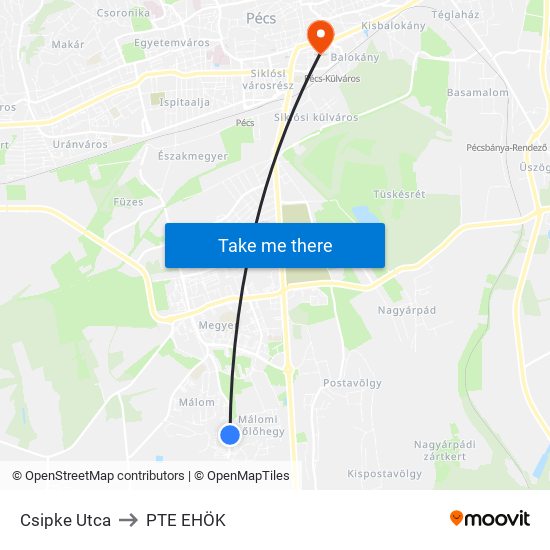 Csipke Utca to PTE EHÖK map