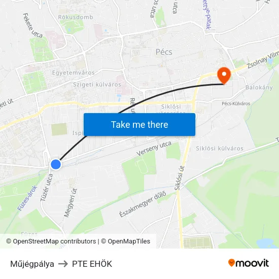 Műjégpálya to PTE EHÖK map