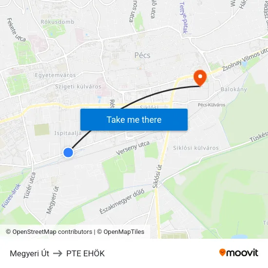 Megyeri Út to PTE EHÖK map