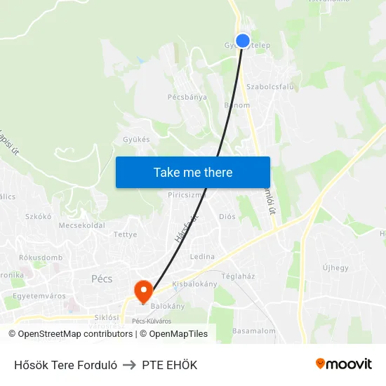 Hősök Tere Forduló to PTE EHÖK map
