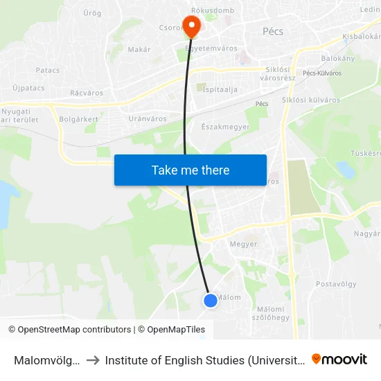 Malomvölgyi Út to Institute of English Studies (University of Pécs) map