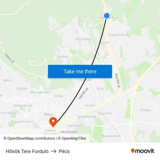 Hősök Tere Forduló to Pécs map