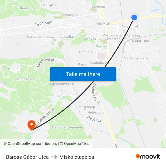 Baross Gábor Utca to Miskolctapolca map