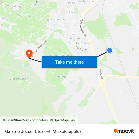 Galamb József Utca to Miskolctapolca map