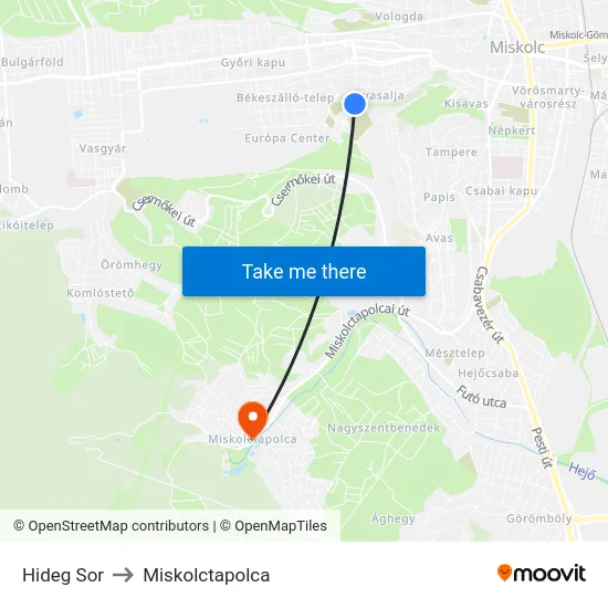 Hideg Sor to Miskolctapolca map