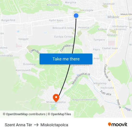Szent Anna Tér to Miskolctapolca map