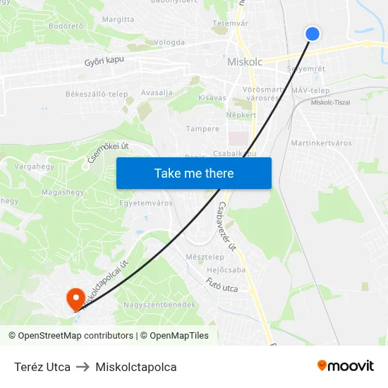 Teréz Utca to Miskolctapolca map
