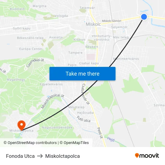 Fonoda Utca to Miskolctapolca map