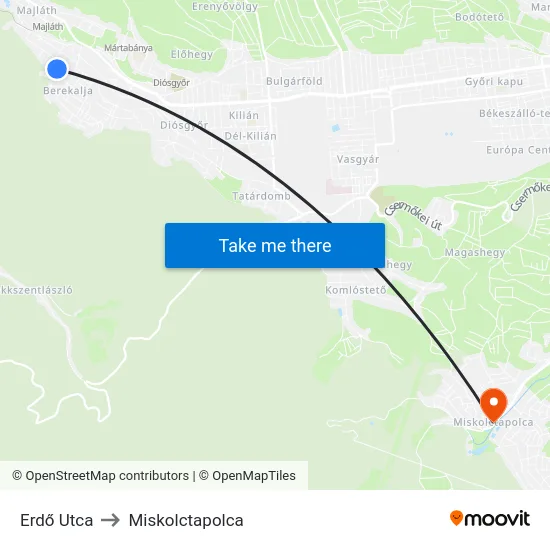 Erdő Utca to Miskolctapolca map