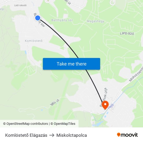 Komlóstető Elágazás to Miskolctapolca map