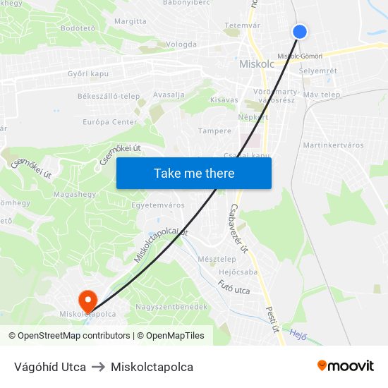 Vágóhíd Utca to Miskolctapolca map