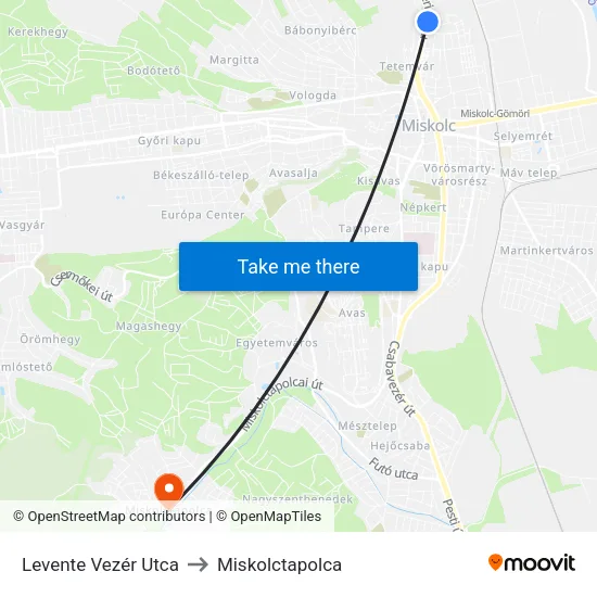 Levente Vezér Utca to Miskolctapolca map