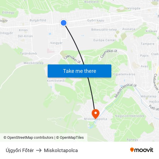 Újgyőri Főtér to Miskolctapolca map