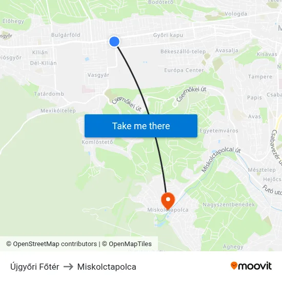 Újgyőri Főtér to Miskolctapolca map