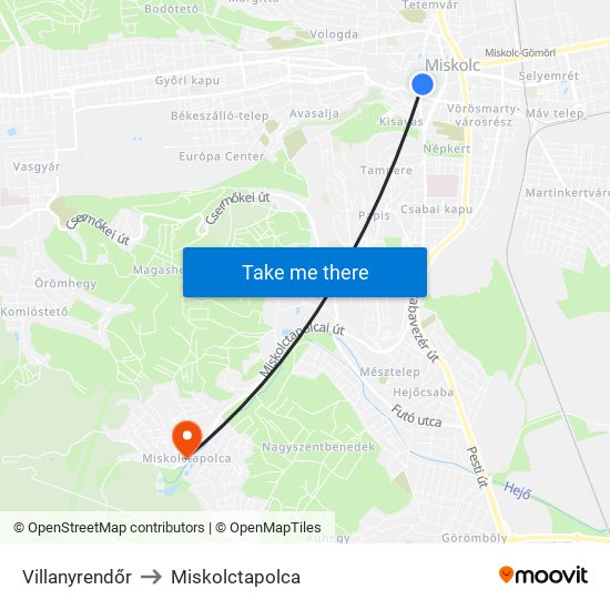 Villanyrendőr to Miskolctapolca map