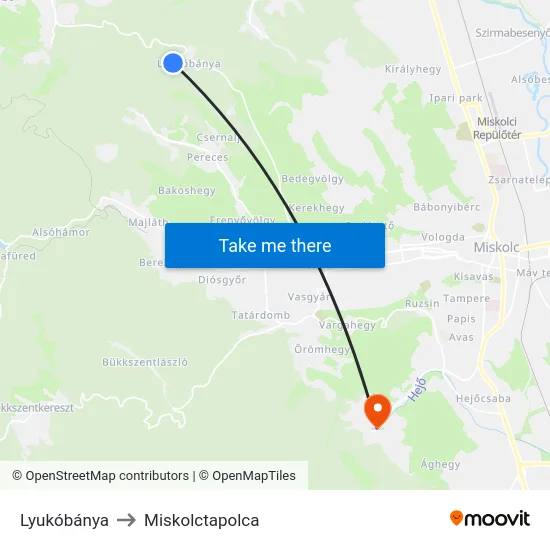 Lyukóbánya to Miskolctapolca map
