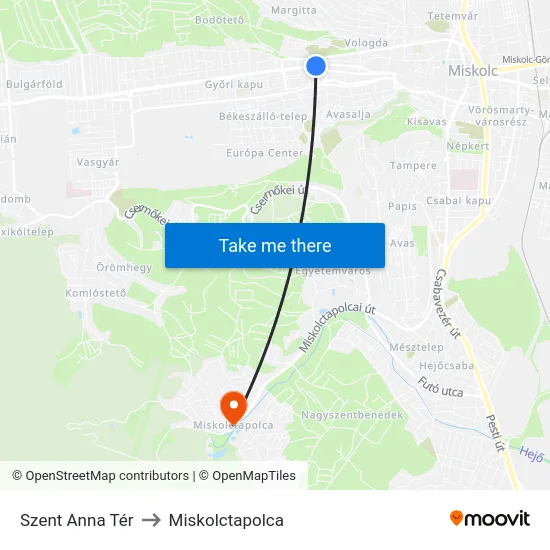 Szent Anna Tér to Miskolctapolca map