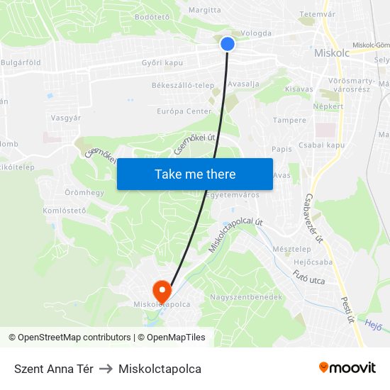 Szent Anna Tér to Miskolctapolca map