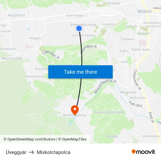 Üveggyár to Miskolctapolca map