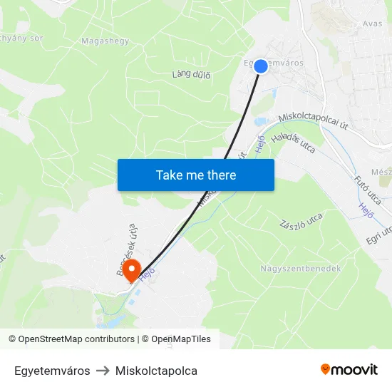 Egyetemváros to Miskolctapolca map