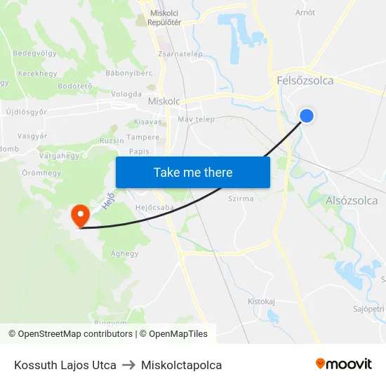 Kossuth Lajos Utca to Miskolctapolca map