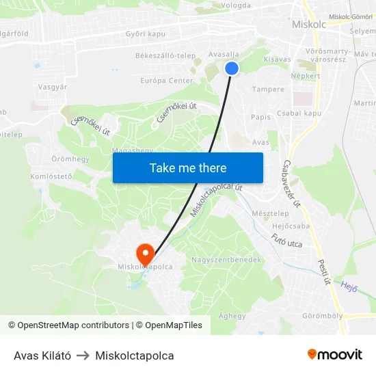 Avas Kilátó to Miskolctapolca map