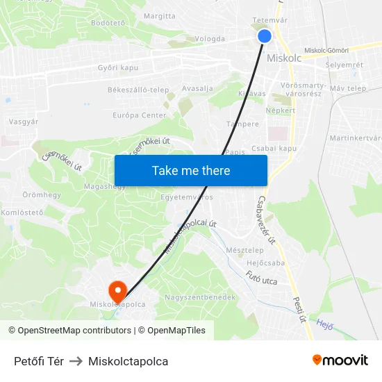 Petőfi Tér to Miskolctapolca map