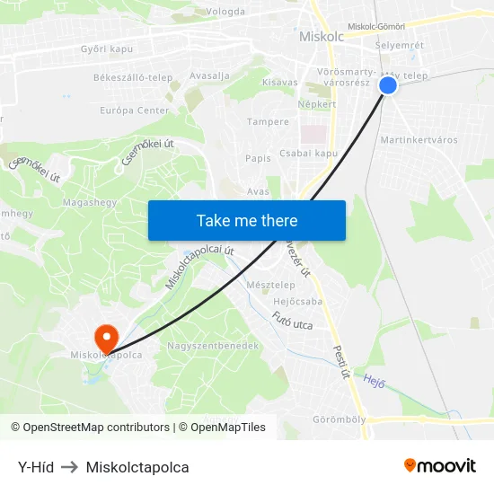 Y-Híd to Miskolctapolca map