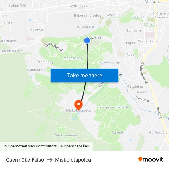 Csermőke-Felső to Miskolctapolca map