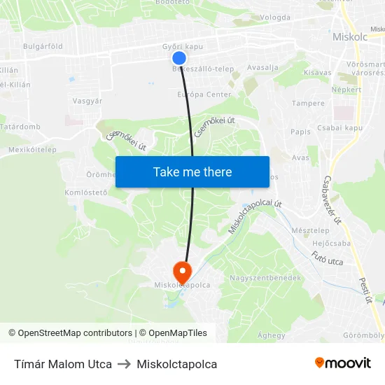Tímár Malom Utca to Miskolctapolca map