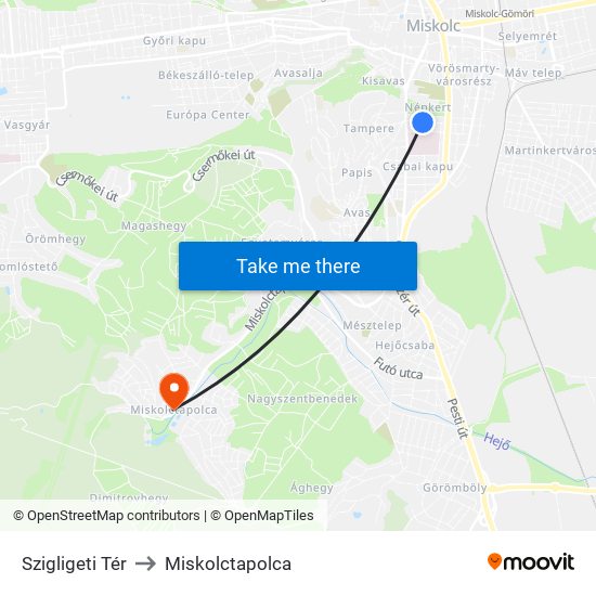 Szigligeti Tér to Miskolctapolca map