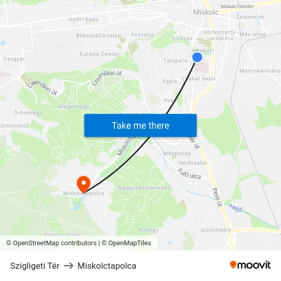 Szigligeti Tér to Miskolctapolca map