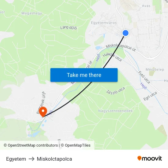 Egyetem to Miskolctapolca map