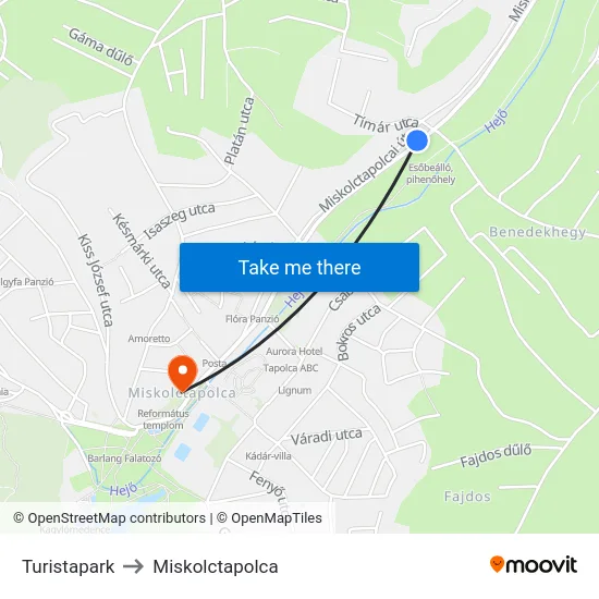 Turistapark to Miskolctapolca map