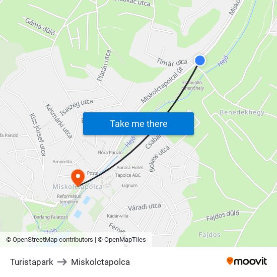 Turistapark to Miskolctapolca map