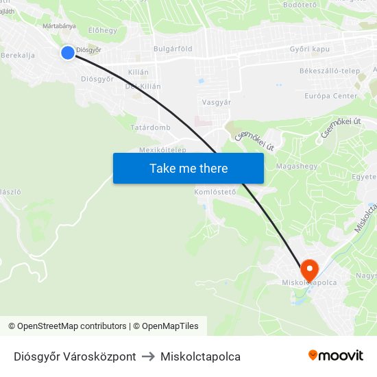 Diósgyőr Városközpont to Miskolctapolca map