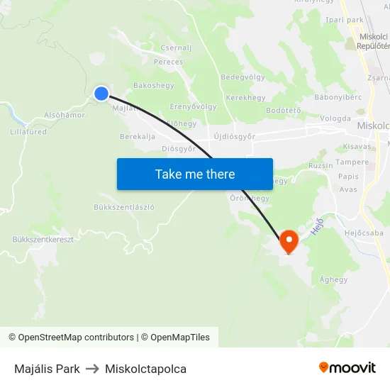 Majális Park to Miskolctapolca map