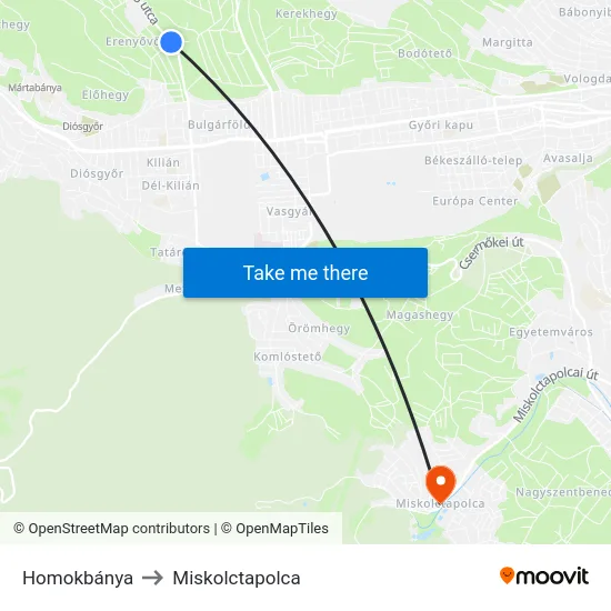 Homokbánya to Miskolctapolca map