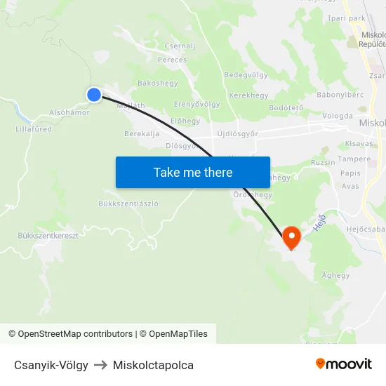 Csanyik-Völgy to Miskolctapolca map