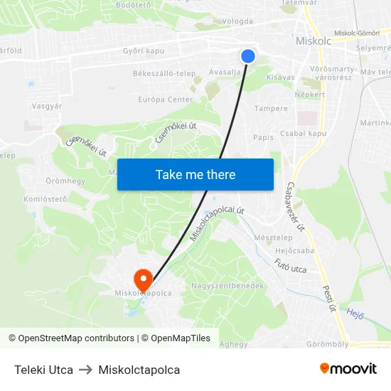 Teleki Utca to Miskolctapolca map