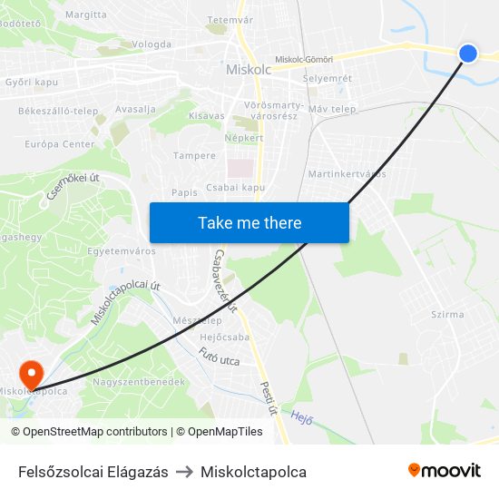 Felsőzsolcai Elágazás to Miskolctapolca map