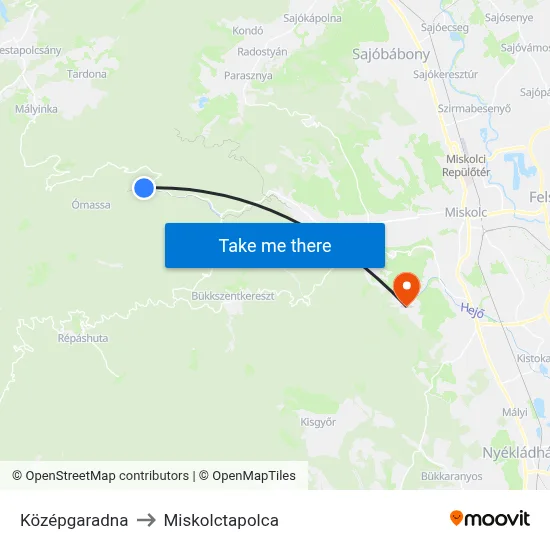 Középgaradna to Miskolctapolca map