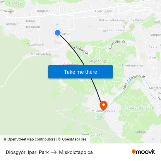 Diósgyőri Ipari Park to Miskolctapolca map